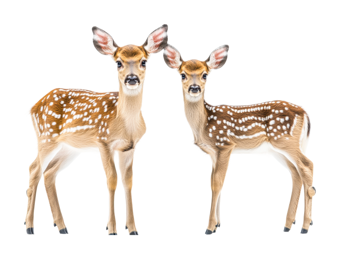 Two adorable spotted fawns standing together, cut out png
