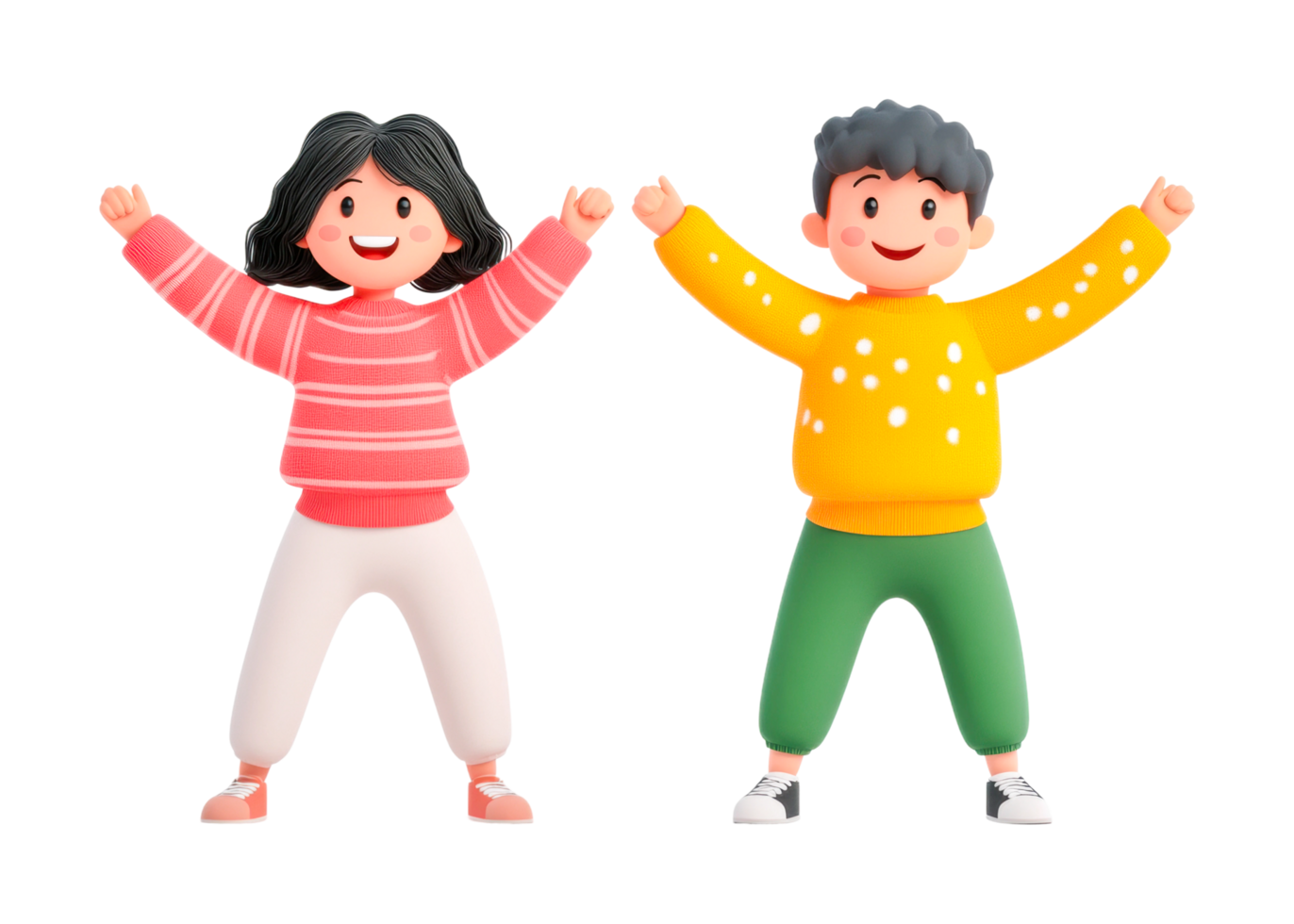 Cartoon children in colorful outfits celebrating with raised arms, cut out png