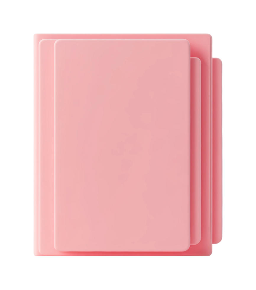 Stack of pink plastic rectangular trays with rounded edges, cut out png