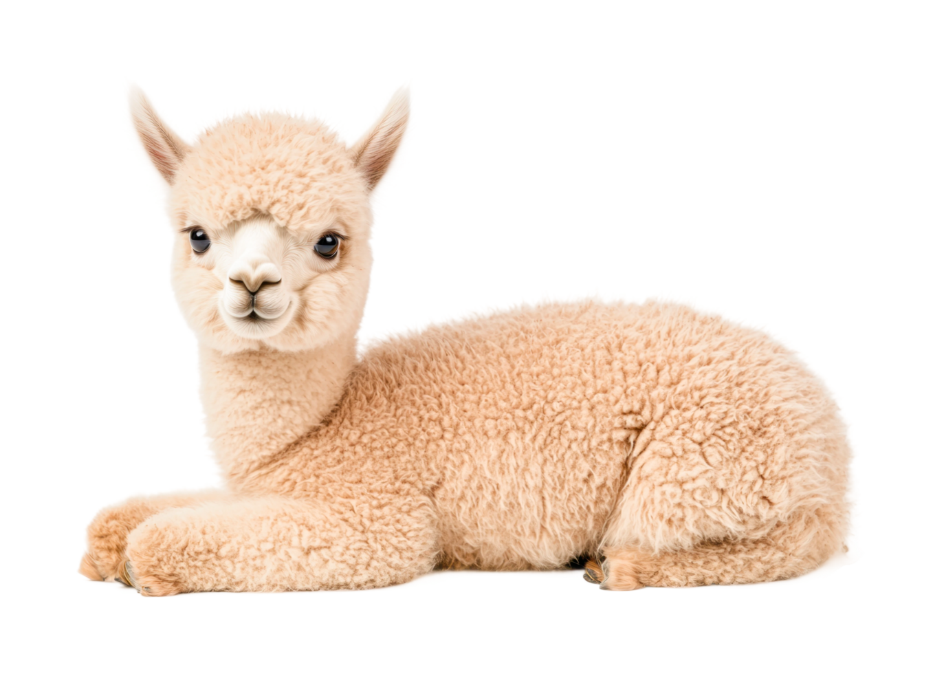 Adorable young alpaca resting calmly with fluffy wool texture, cut out png
