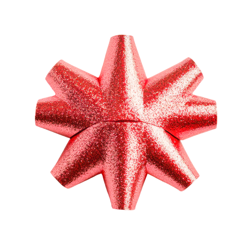 Sparkling red gift bow in star shape with glitter texture on black, cut out png