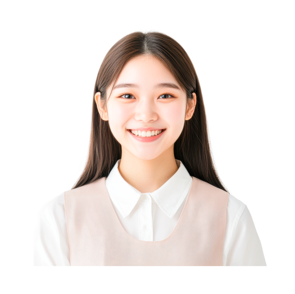 Smiling asian female teen with long hair in white blouse showing joyful expression, cut out png