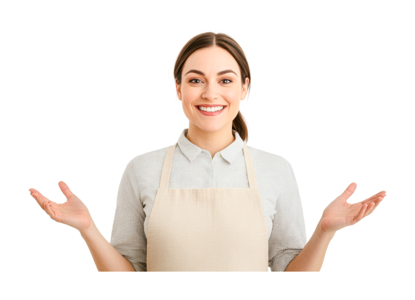 Smiling young caucasian female chef with apron and open hands, cut out png