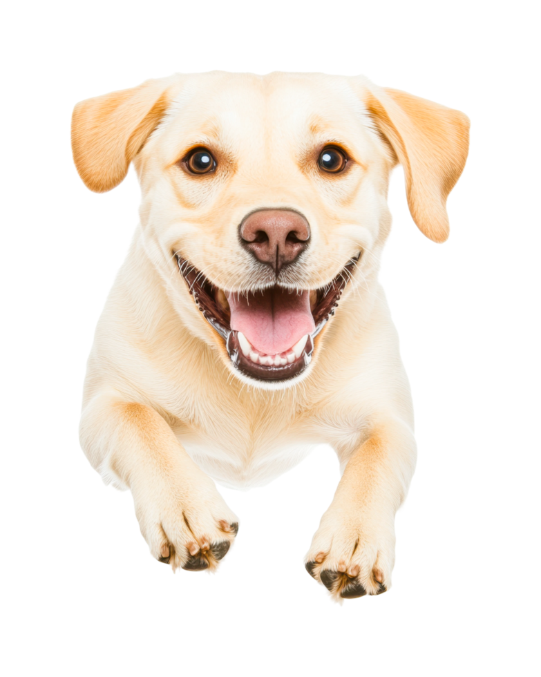 Happy labrador retriever dog smiling with paws outstretched, cut out png