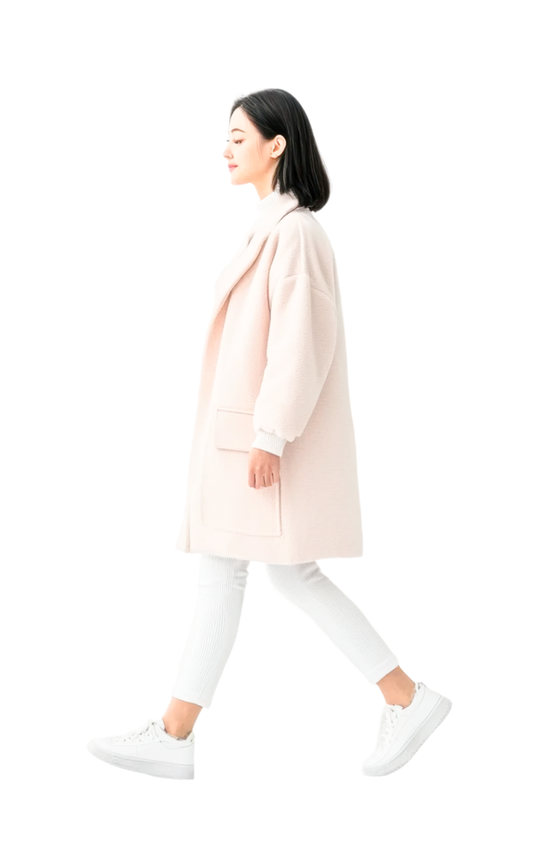 Asian young female walking in stylish white outfit, cut out png