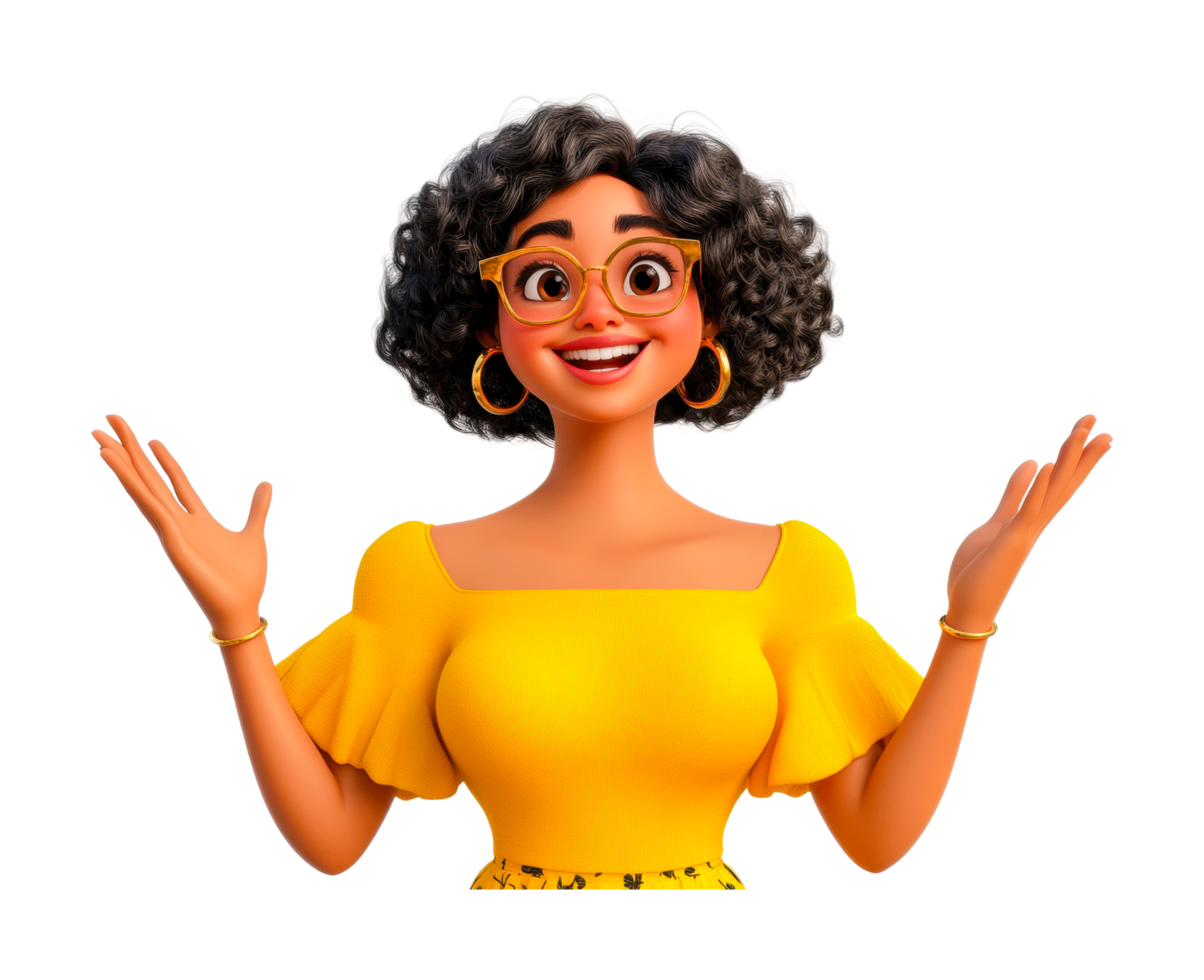 Animated female character with curly hair and glasses smiling cheerfully, cut out png