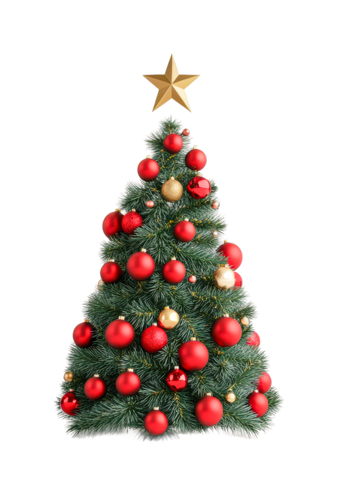 Decorated christmas tree with red ornaments and gold star, cut out png