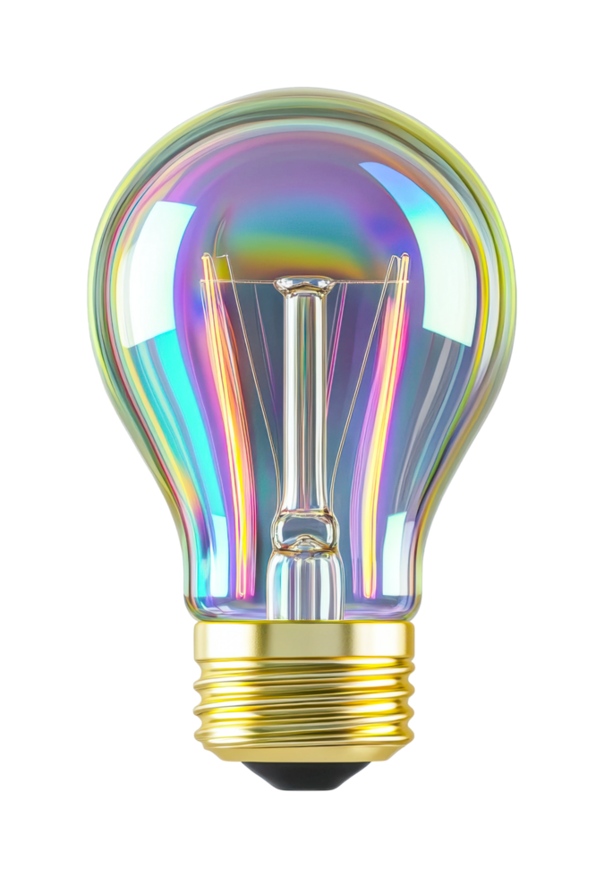 Iridescent light bulb with vibrant reflections and visible filament, cut out png