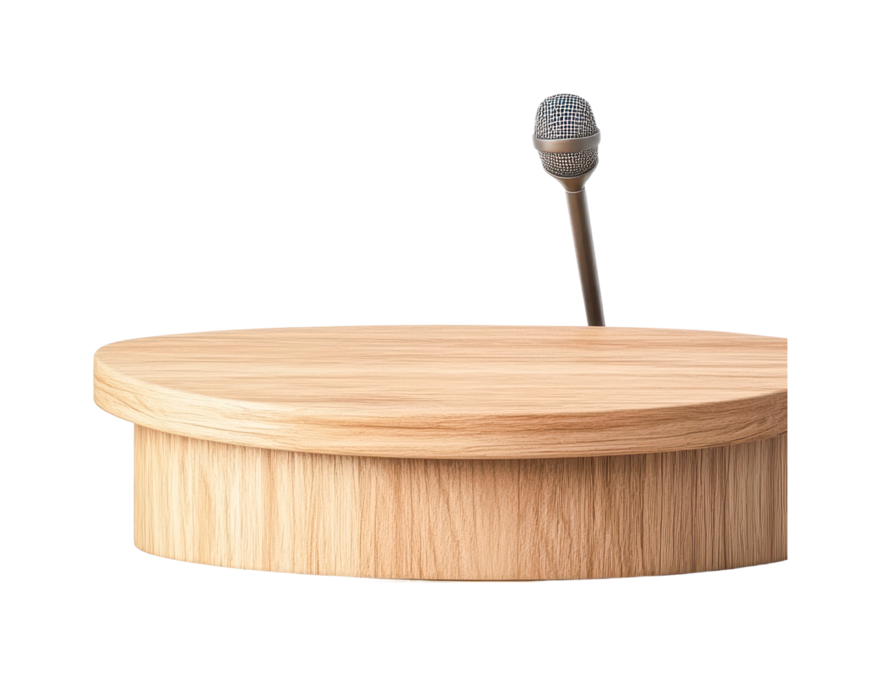 Round wooden podium with microphone for public speaking events, cut out png