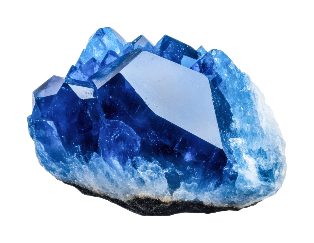 Vibrant blue crystal with intricate geometric patterns and quartz accents, cut out png