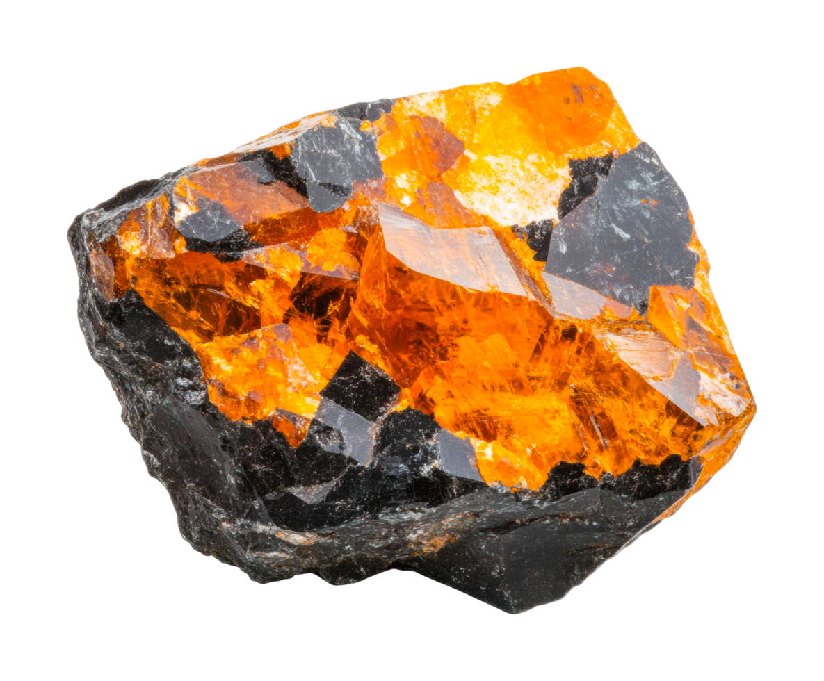 Bright orange calcite crystal with sharp edges and glossy surface, cut out png