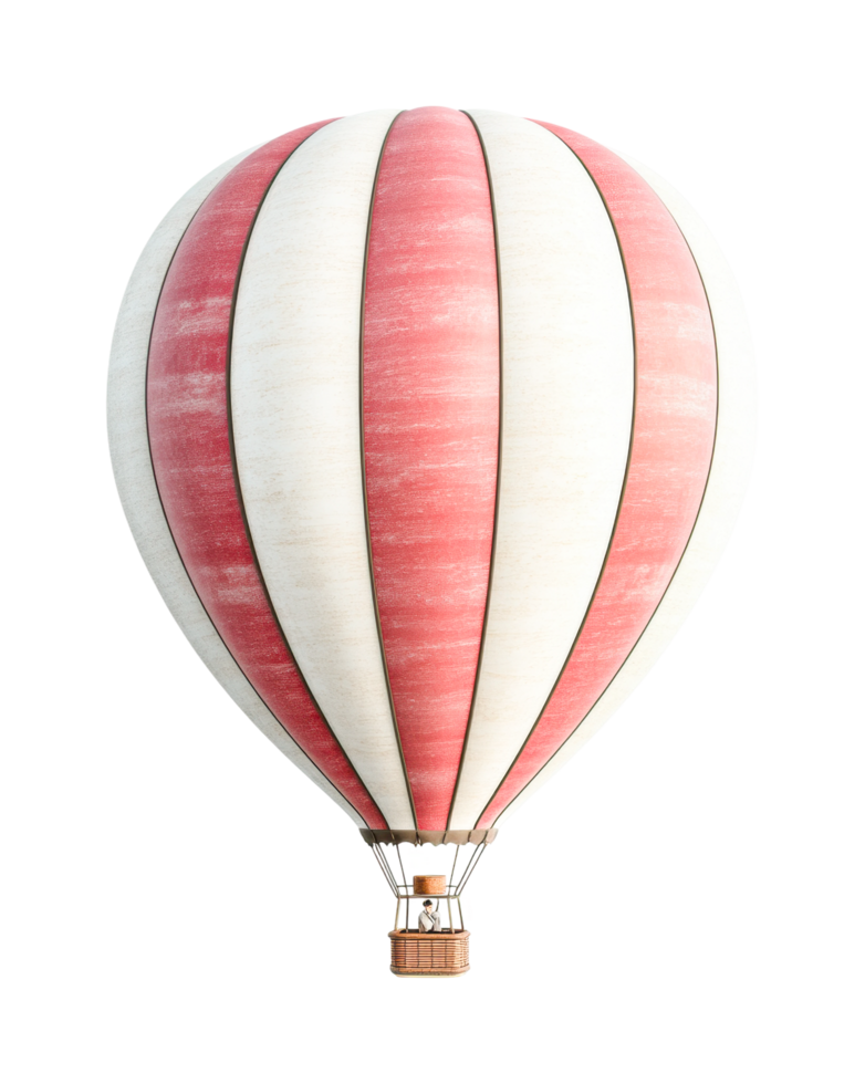 Red and white hot air balloon with passengers in basket, cut out png