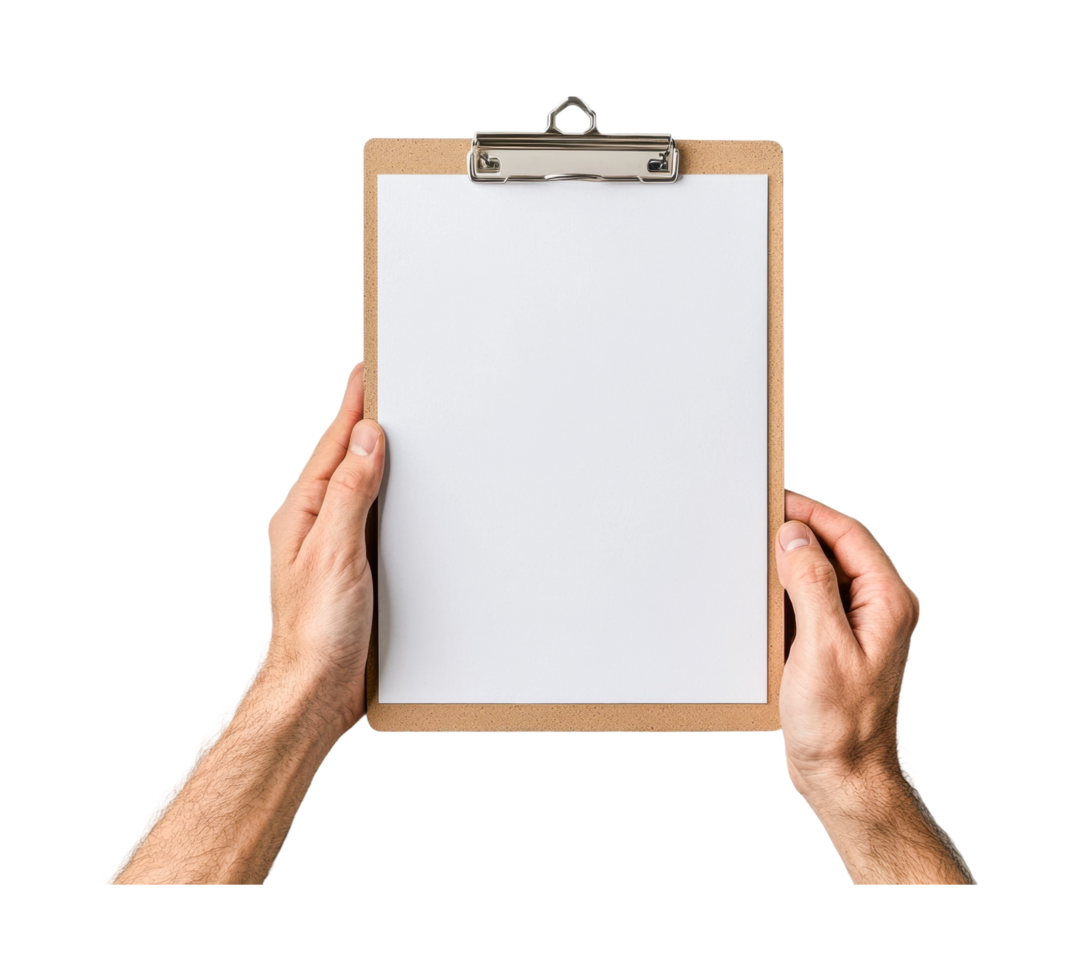 Hands holding blank clipboard with white paper ready for writing, cut out png