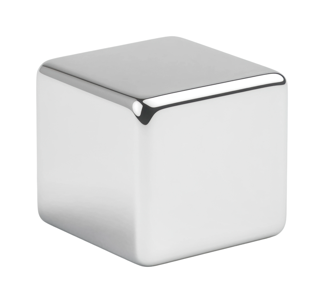 Polished metal cube displaying smooth reflective surface, cut out png