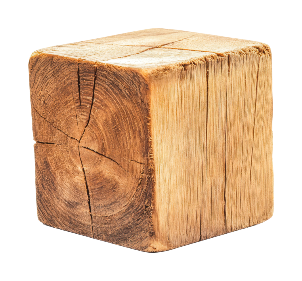 Wooden cube with natural tree rings and cracked surface, cut out png
