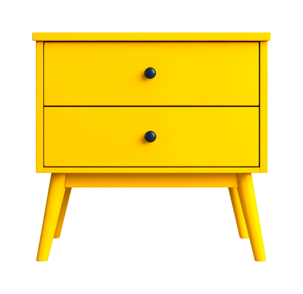 Modern yellow wooden nightstand with two drawers and black knobs, cut out png