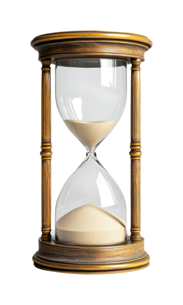 Wooden hourglass with flowing sand in classic design, cut out png