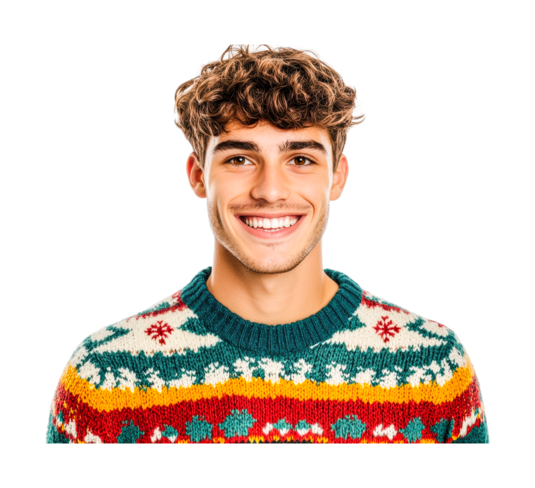 Smiling young caucasian male in colorful sweater approaching camera, cut out png