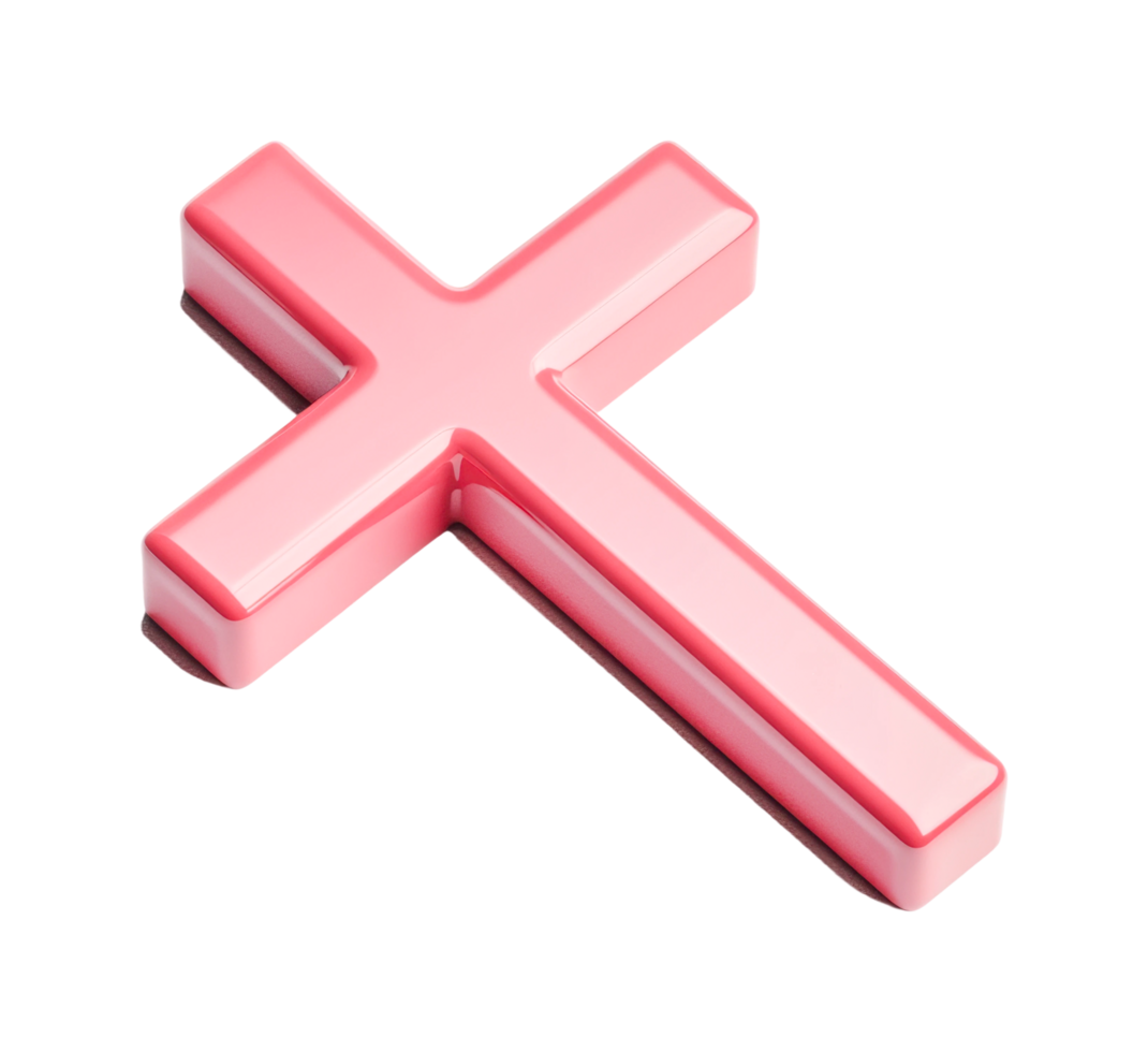 Pink glossy cross symbol reflecting christianity and modern design, cut out png