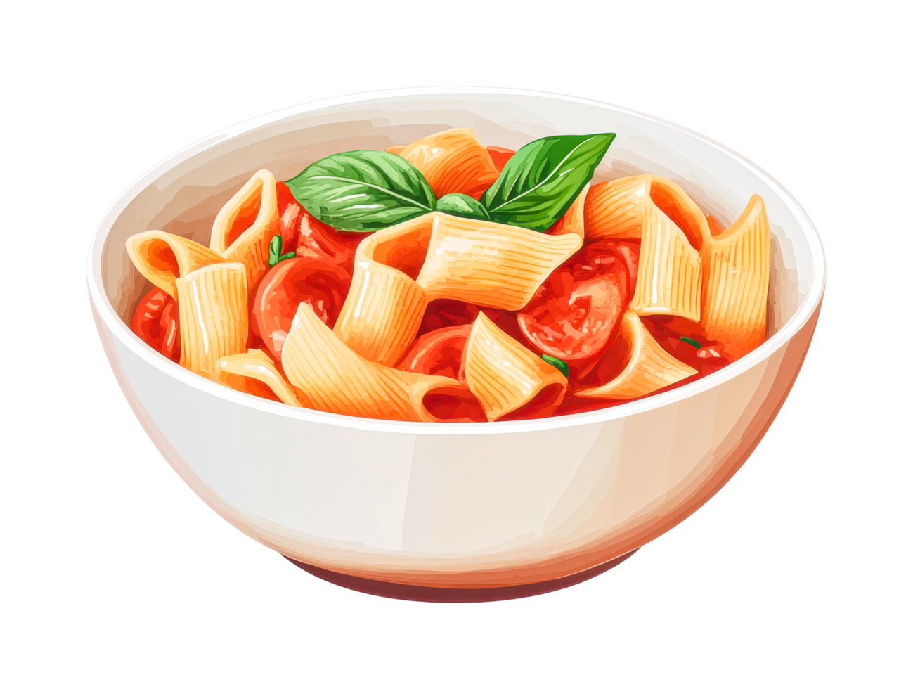 Delicious bowl of rigatoni pasta with tomatoes and basil garnish, cut out png