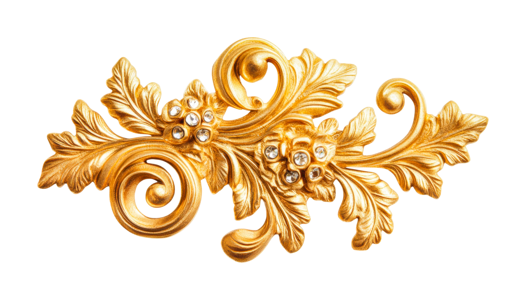 Ornate gold leaf and floral design with intricate details and gems, cut out png