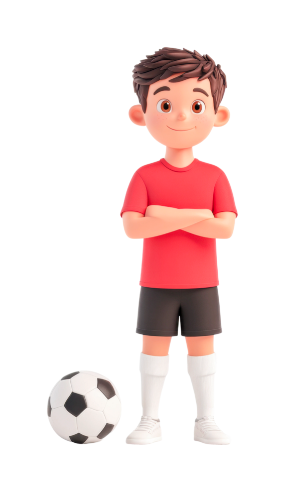 Young caucasian boy standing with soccer ball and smiling, cut out png
