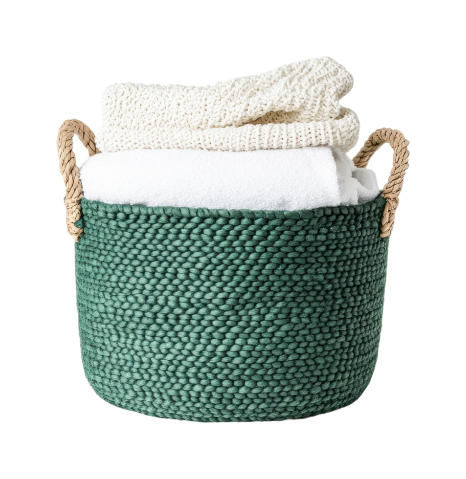 Woven basket with towels and blanket inside, cut out png