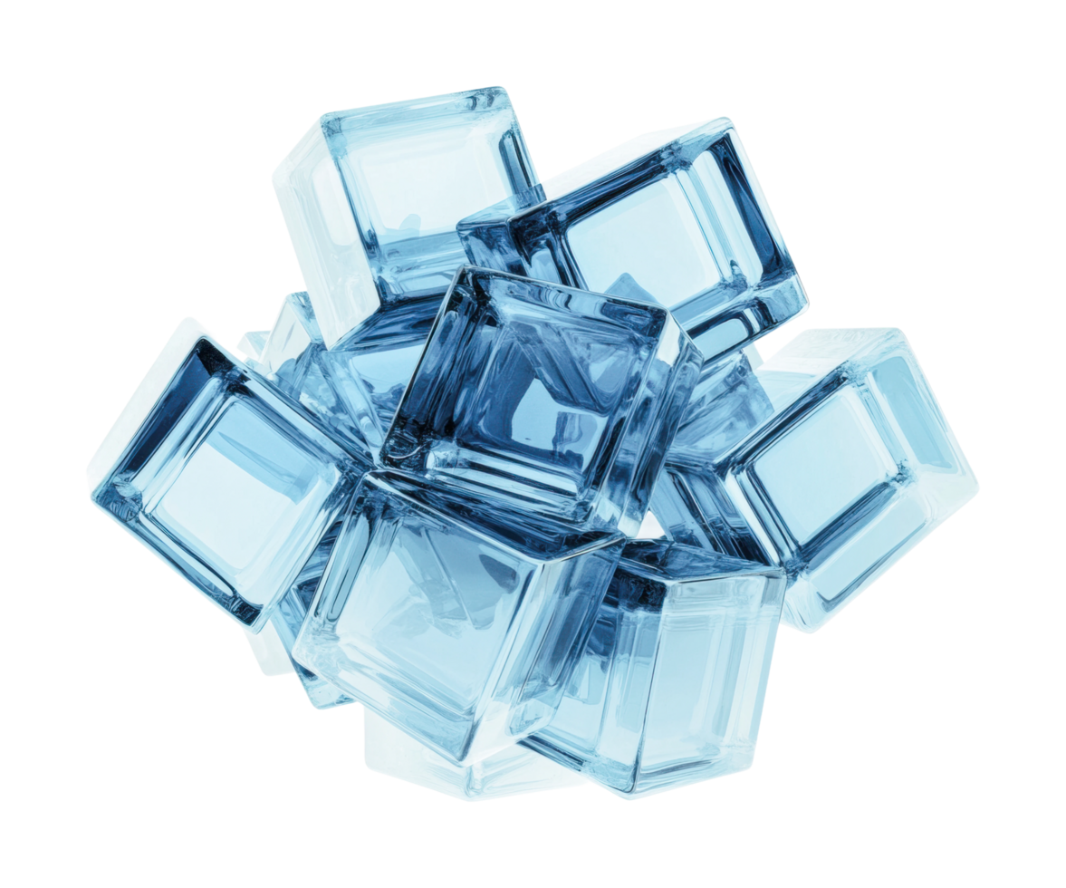 Abstract pile of translucent ice cubes with crystal clarity and geometric shapes, cut out png