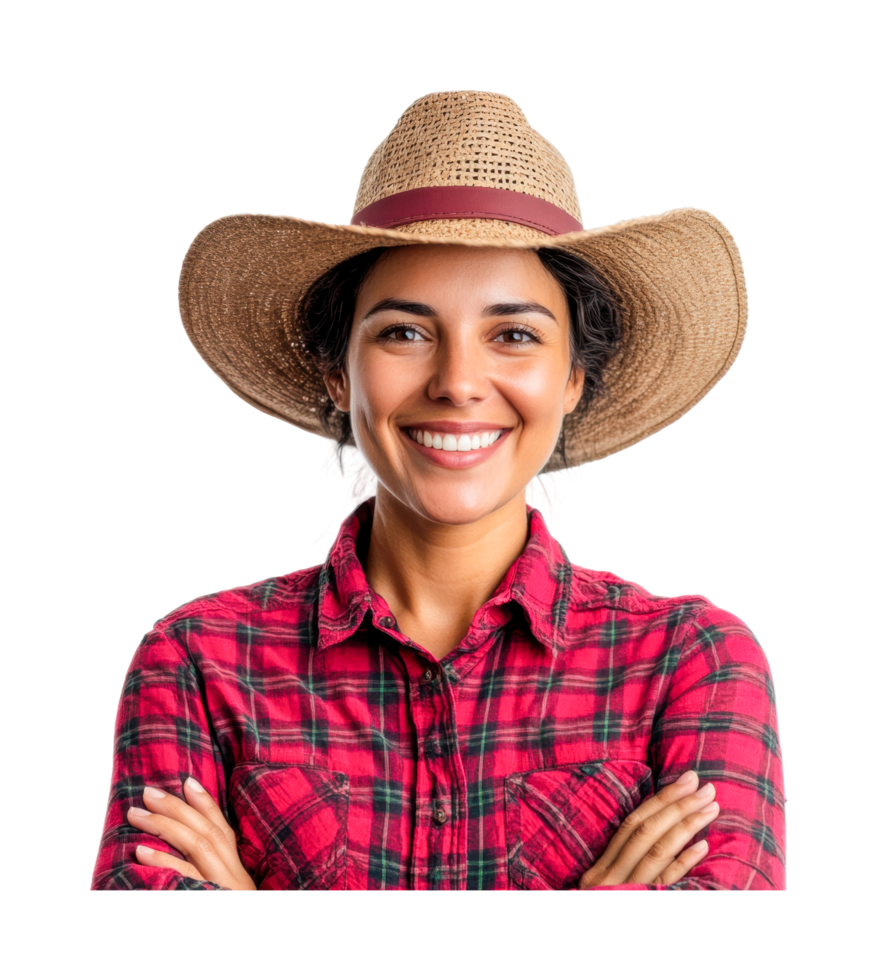 Hispanic young female with straw hat smiling in plaid shirt, cut out png
