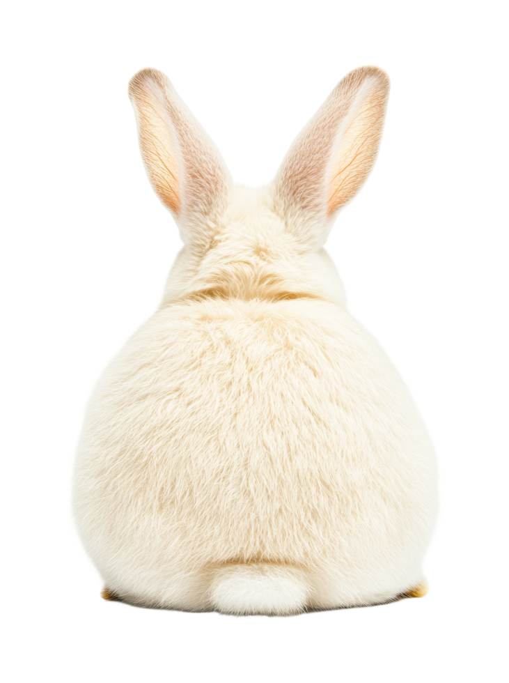 Rear view of a cute white rabbit sitting with ears upright, cut out png