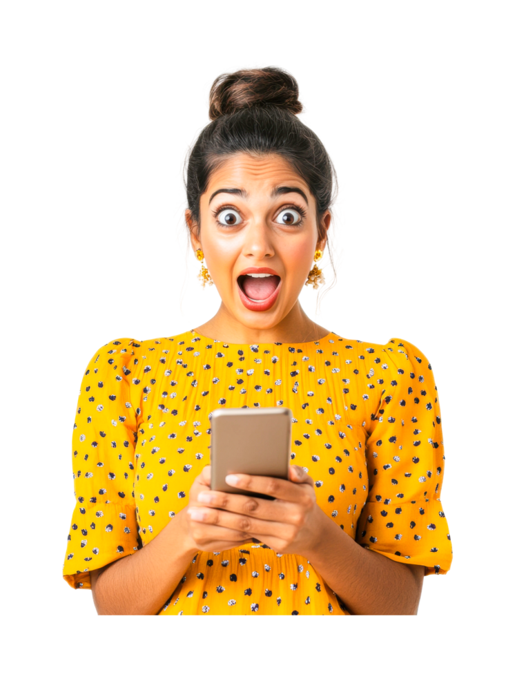 Surprised young hispanic female with phone in yellow dress, cut out png