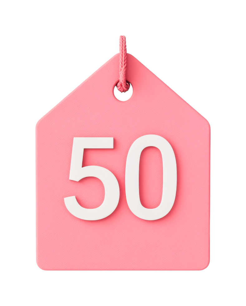 Pink price tag with number 50 on isolated background, cut out png