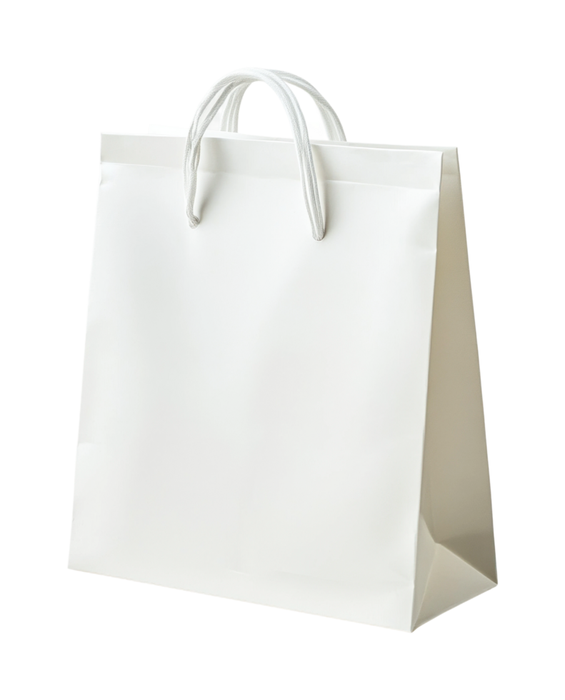 Plain white paper shopping bag with handles for retail or gift use, cut out png