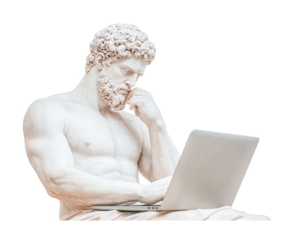Pensive marble male sculpture with laptop depicting modern technology influence, cut out png