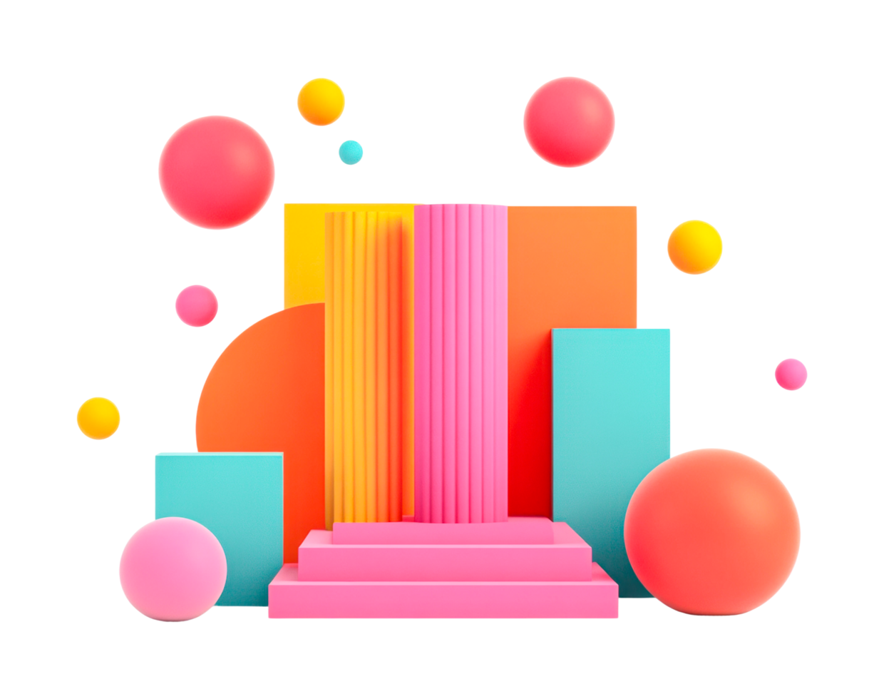 Colorful geometric shapes with spheres and columns in abstract arrangement, cut out png