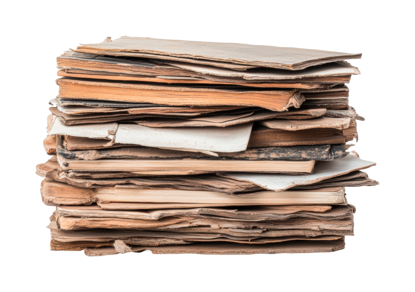 Stack of vintage books and papers showing signs of aging and wear, cut out png