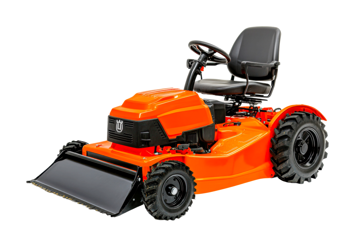 Modern orange ride-on lawn mower with seat and steering wheel for efficient gardening, cut out png