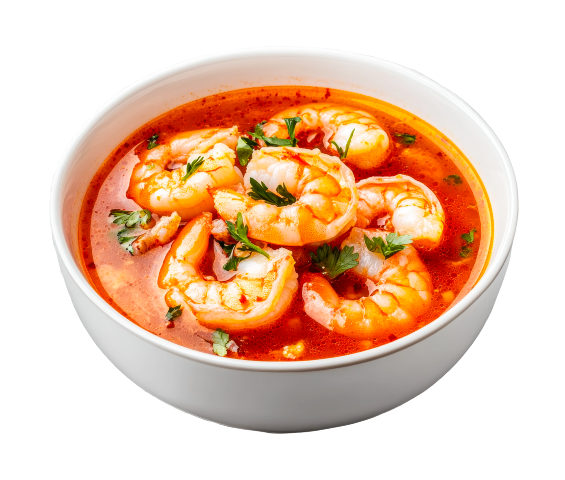 Spicy shrimp soup with parsley in a white bowl, cut out png