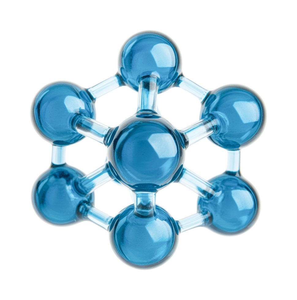 Blue molecular structure model with transparent atomic connections, cut out png