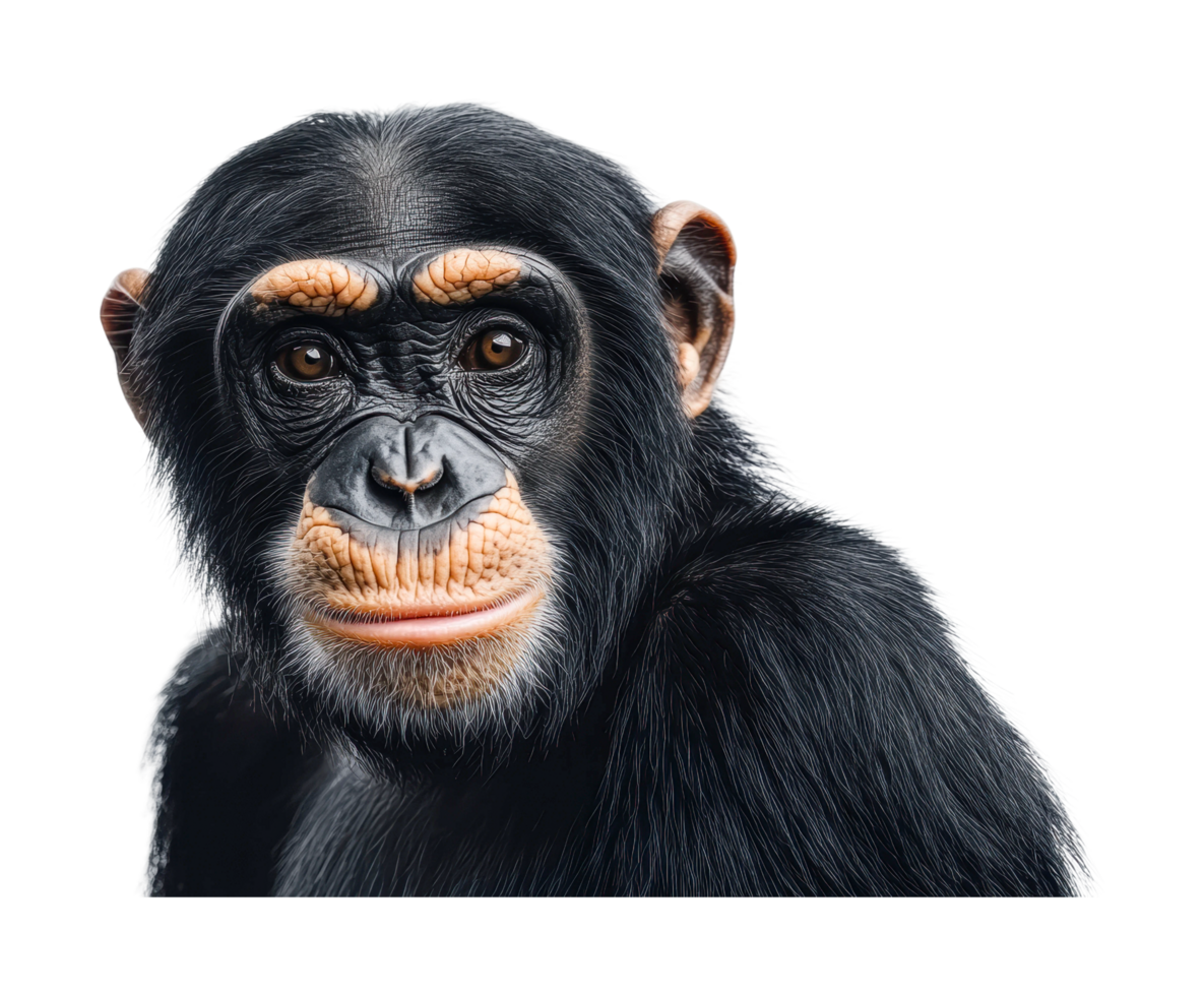 Close-up portrait of a chimpanzee in thoughtful expression, cut out png