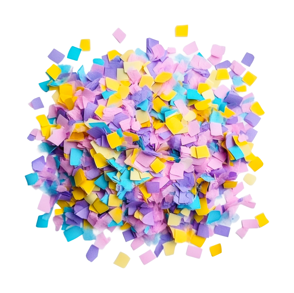 Vibrant multicolored confetti explosion with yellow and purple squares, cut out png
