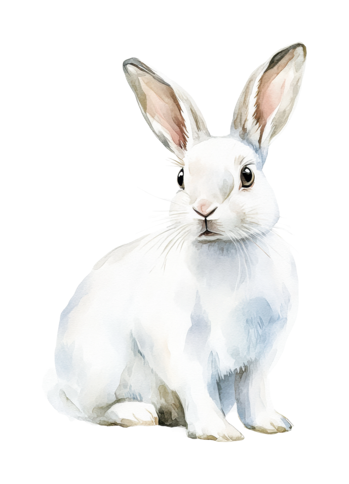 Watercolor painting of a white rabbit with upright ears, cut out png