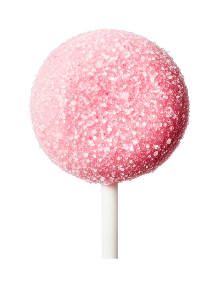 Close-up of delicious pink sugar-coated lollipop on stick, cut out png
