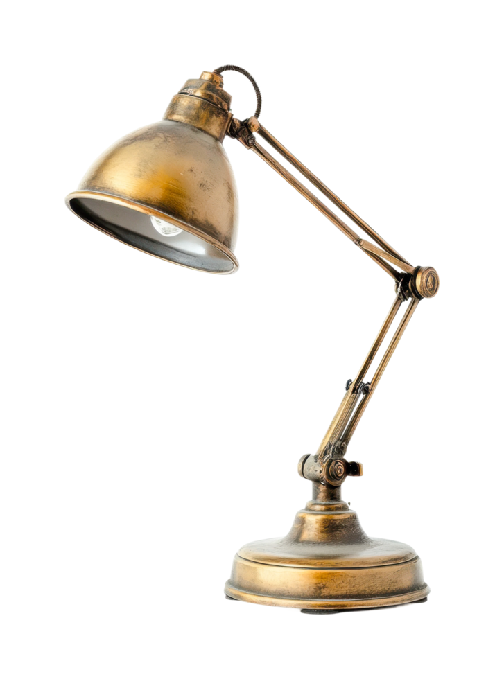 Vintage adjustable brass desk lamp with round base, cut out png
