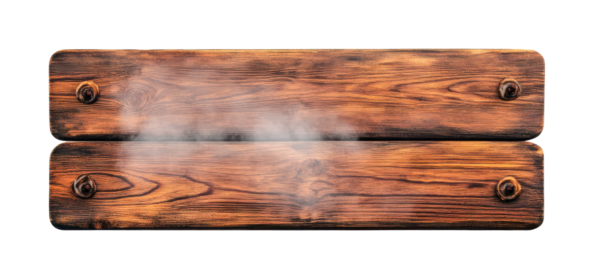 Steam rising from rustic wooden signage with natural grain effect, cut out png