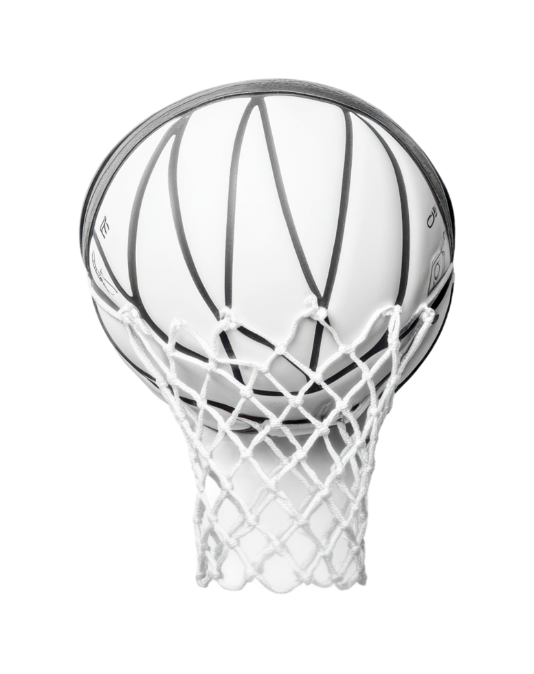 White basketball going through hoop with net, cut out png