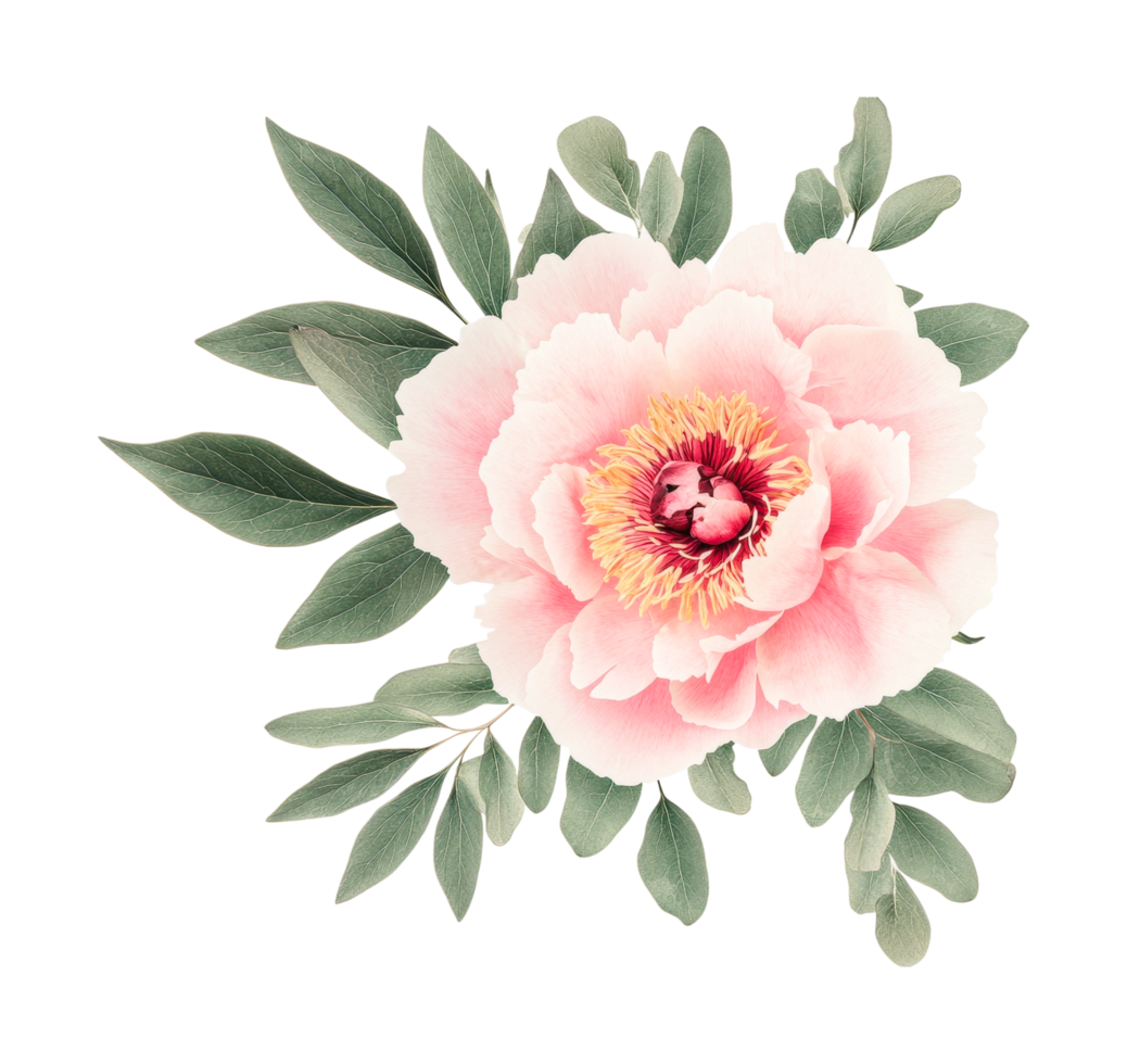 Elegant pink peony with lush green leaves in full bloom, cut out png