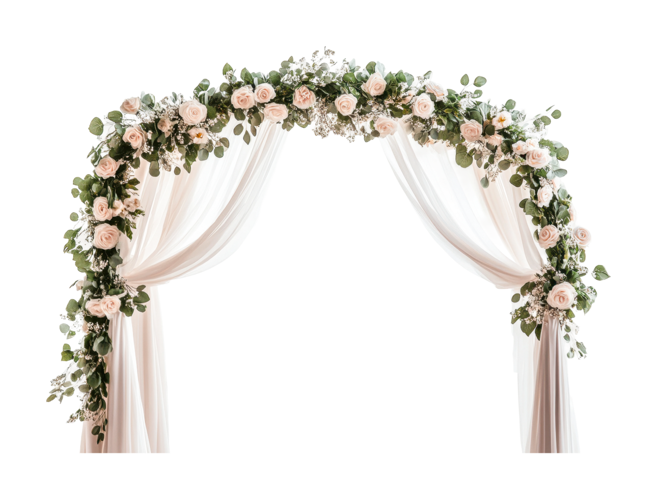 Elegant floral wedding arch with white drapes and pink roses, cut out png