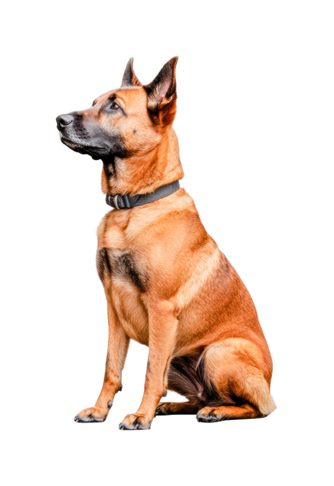 Alert and attentive belgian malinois dog sitting in profile view, cut out png