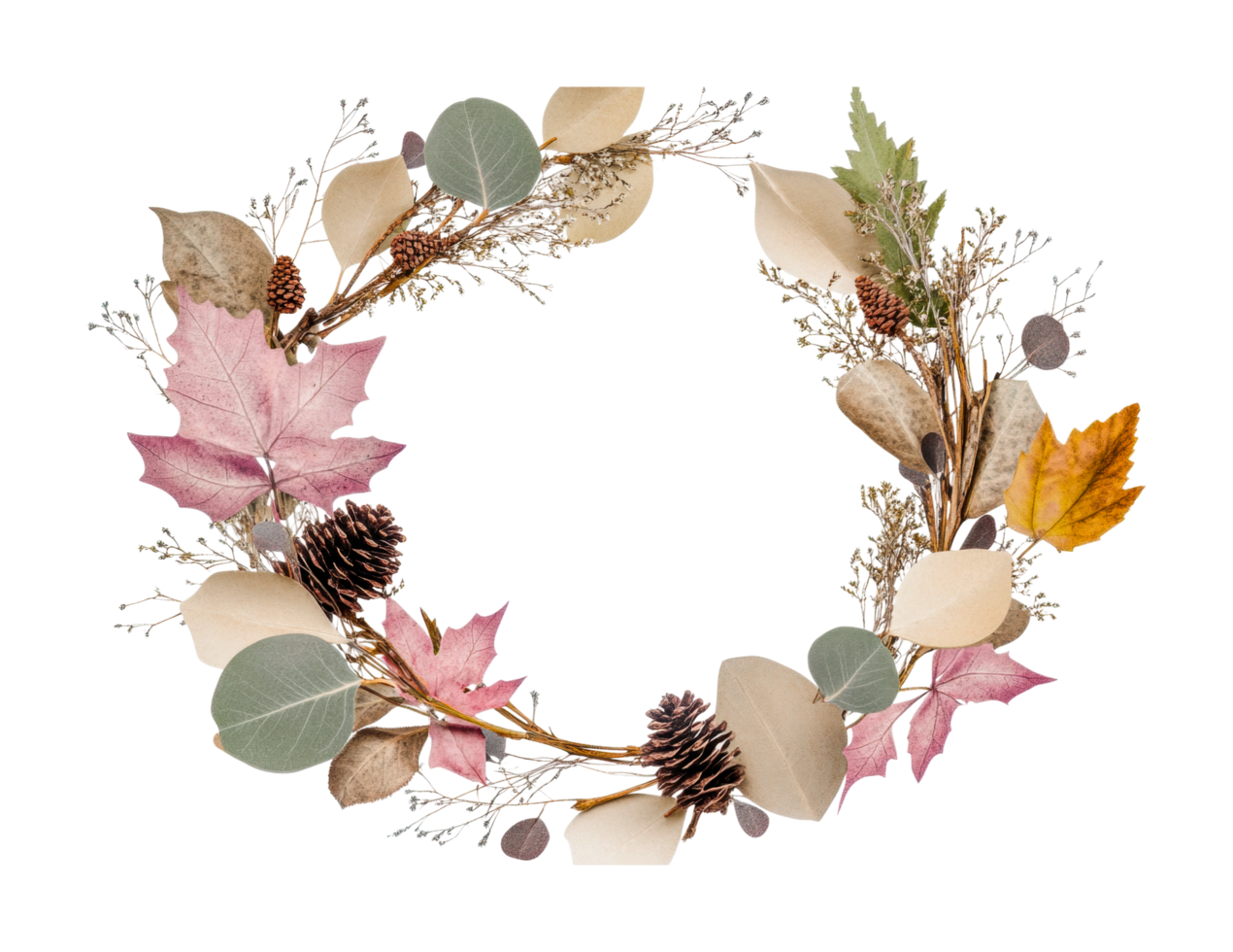 Seasonal autumn wreath with leaves pinecones and branches, cut out png